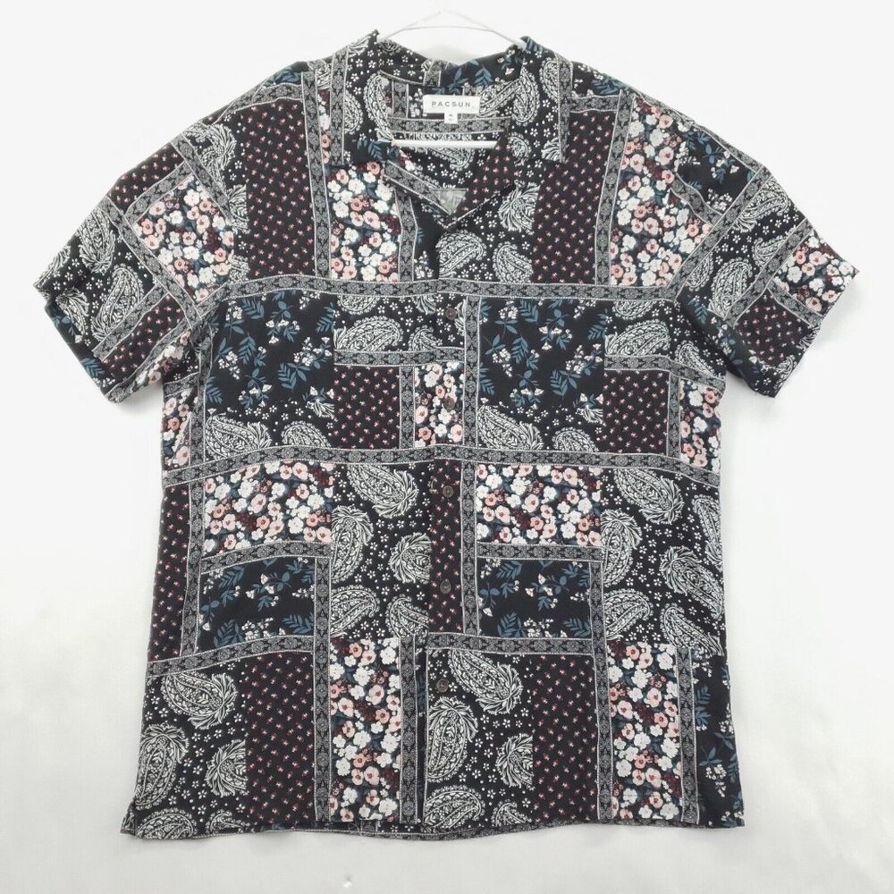 Pacsun Shirt Mens Medium Black White Paisley Camp Button-Up